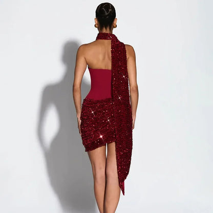Chic Sequin Scarf Collar Mini Dress