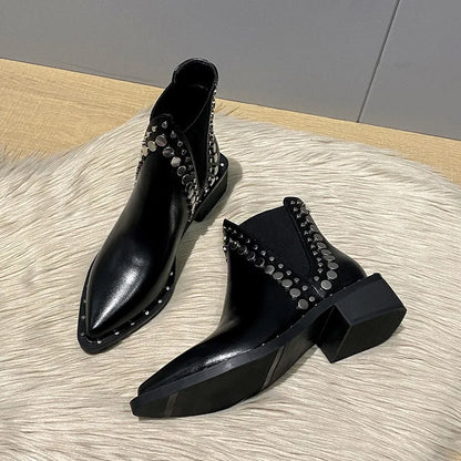 Rivet Pointed Toe Square Heels Boots