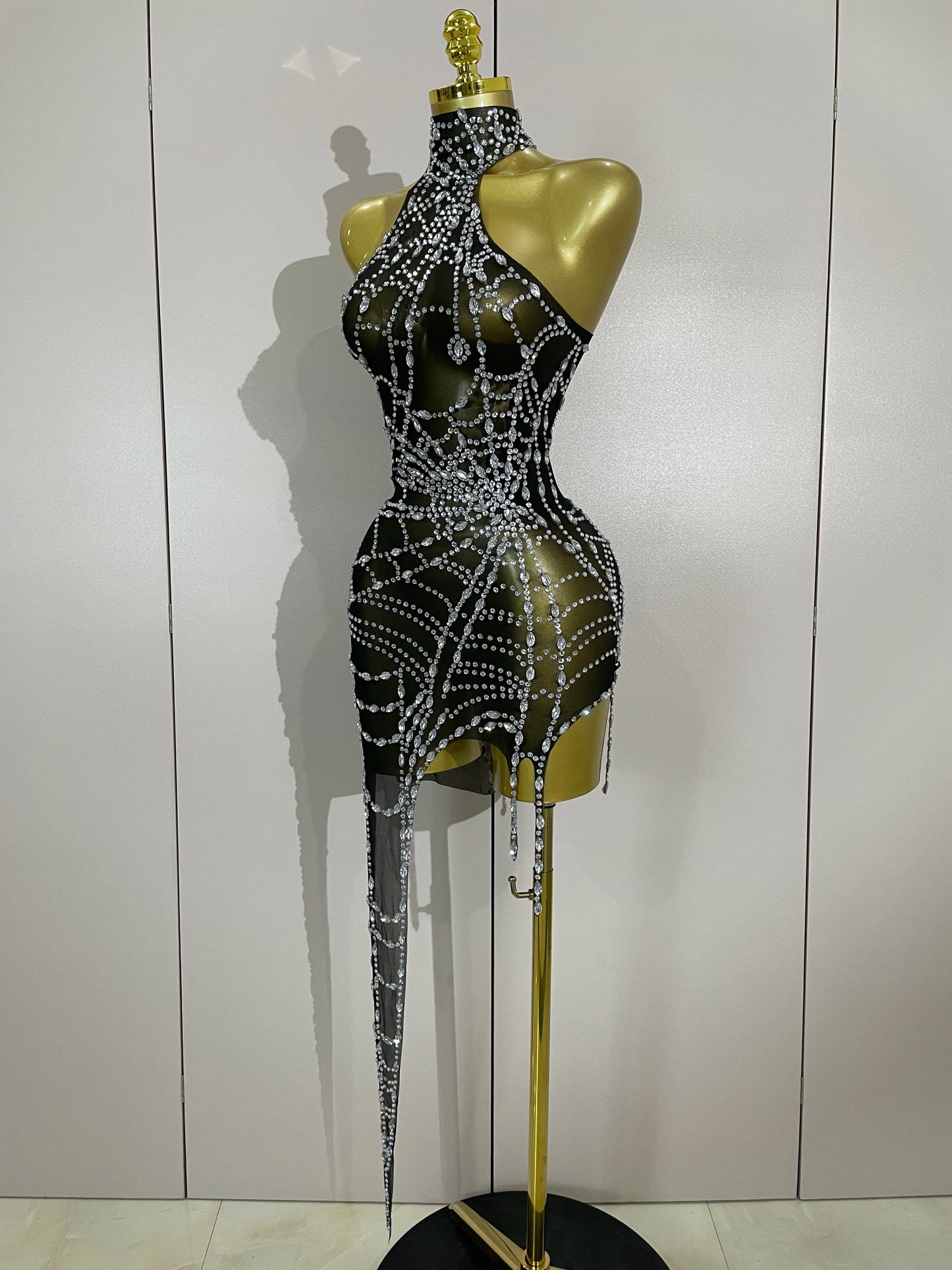 Rhinestone Mesh Asymmetric Mini Dress
