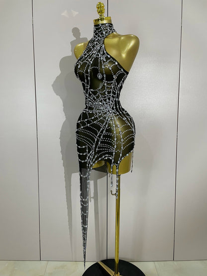 Rhinestone Mesh Asymmetric Mini Dress