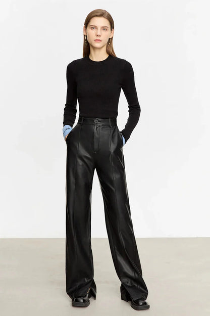 Minimalist Solid Leather Straight Fit Pants