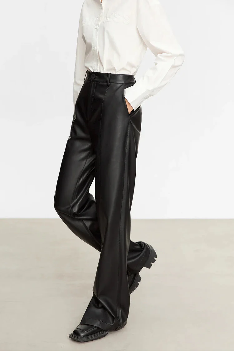 Minimalist Solid Leather Straight Fit Pants