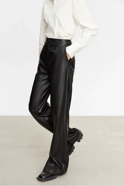 Minimalist Solid Leather Straight Fit Pants