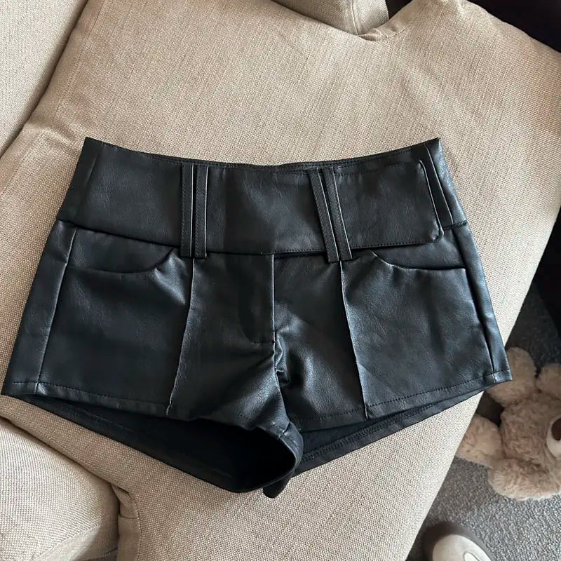 Wide Belt Black Leather Shorts