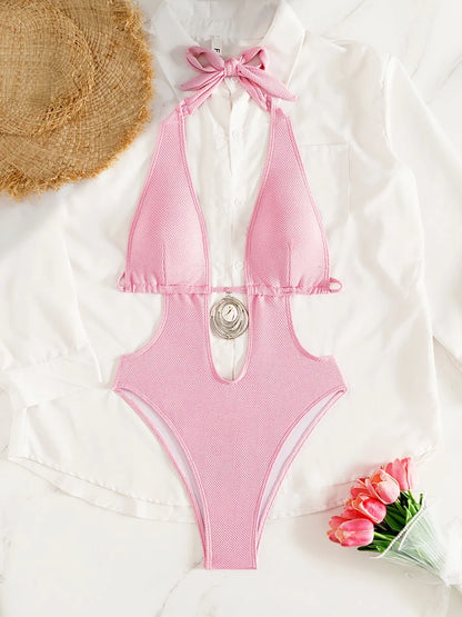 Pink Halter Deep V Neck Monokini