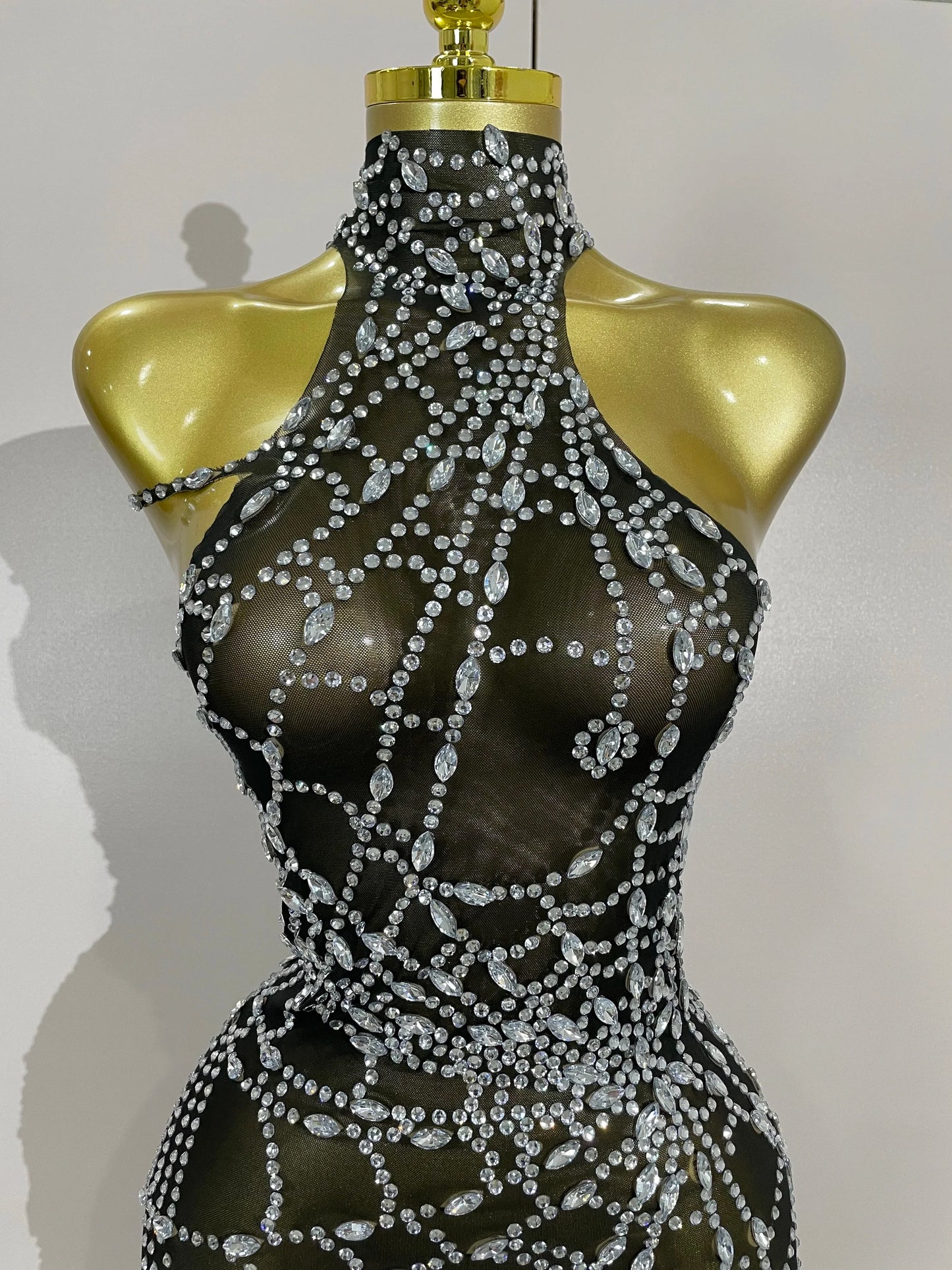 Rhinestone Mesh Asymmetric Mini Dress