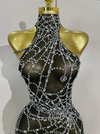 Rhinestone Mesh Asymmetric Mini Dress