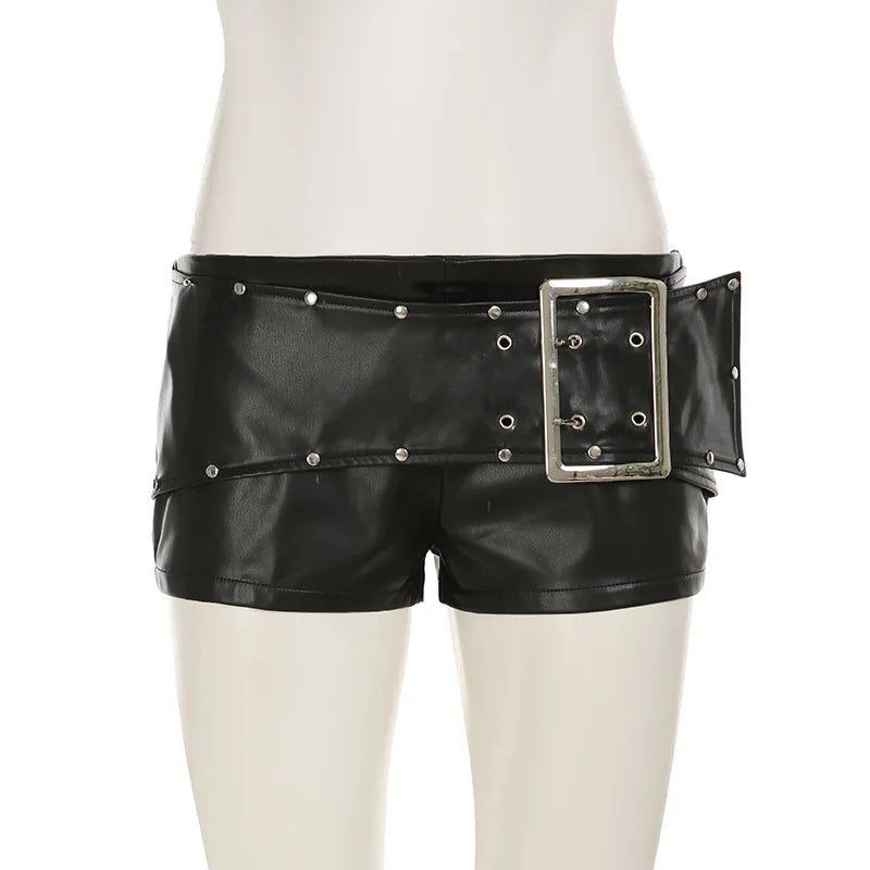 Sexy Rivet Buckle Belt Leather Shorts