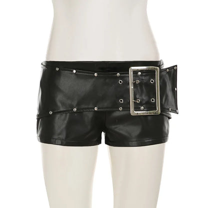 Sexy Rivet Buckle Belt Leather Shorts