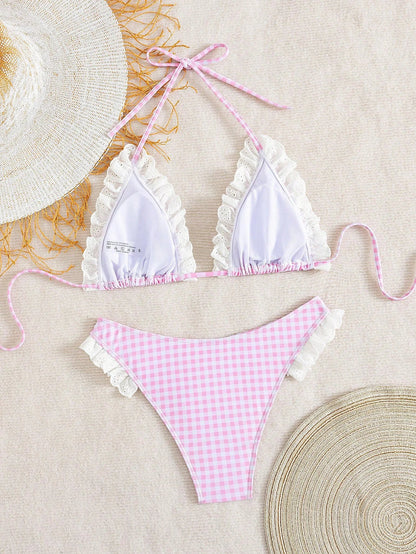 Summer Lace Trim Plaid Two-Piece