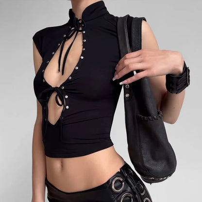 Stand Neck Hollow Out Sexy Crop Top