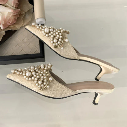 String Beads Pointed Toe Mules Shoes