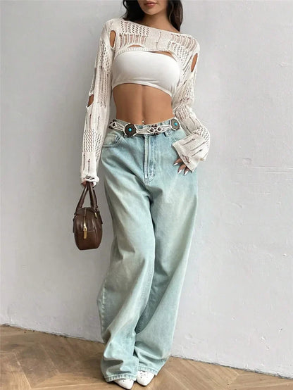 Ripped Long Sleeve Crochet Crop Top
