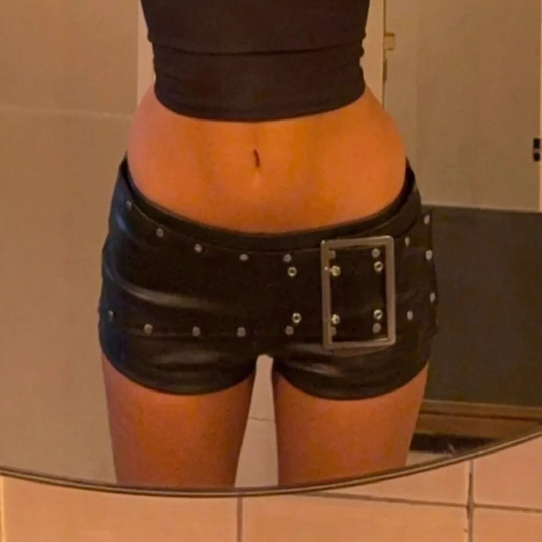 Sexy Rivet Buckle Belt Leather Shorts