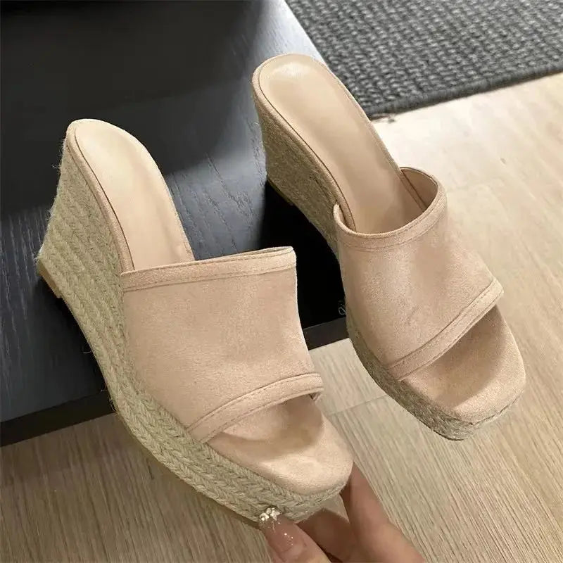 Rattan Weave Platform Wedges Sandals