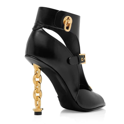 Black Leather Chain Heels Ankle Boots