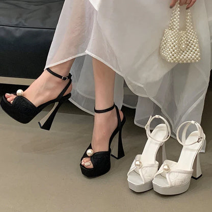 Buckle Strap Pearl Decor Pump Sandals
