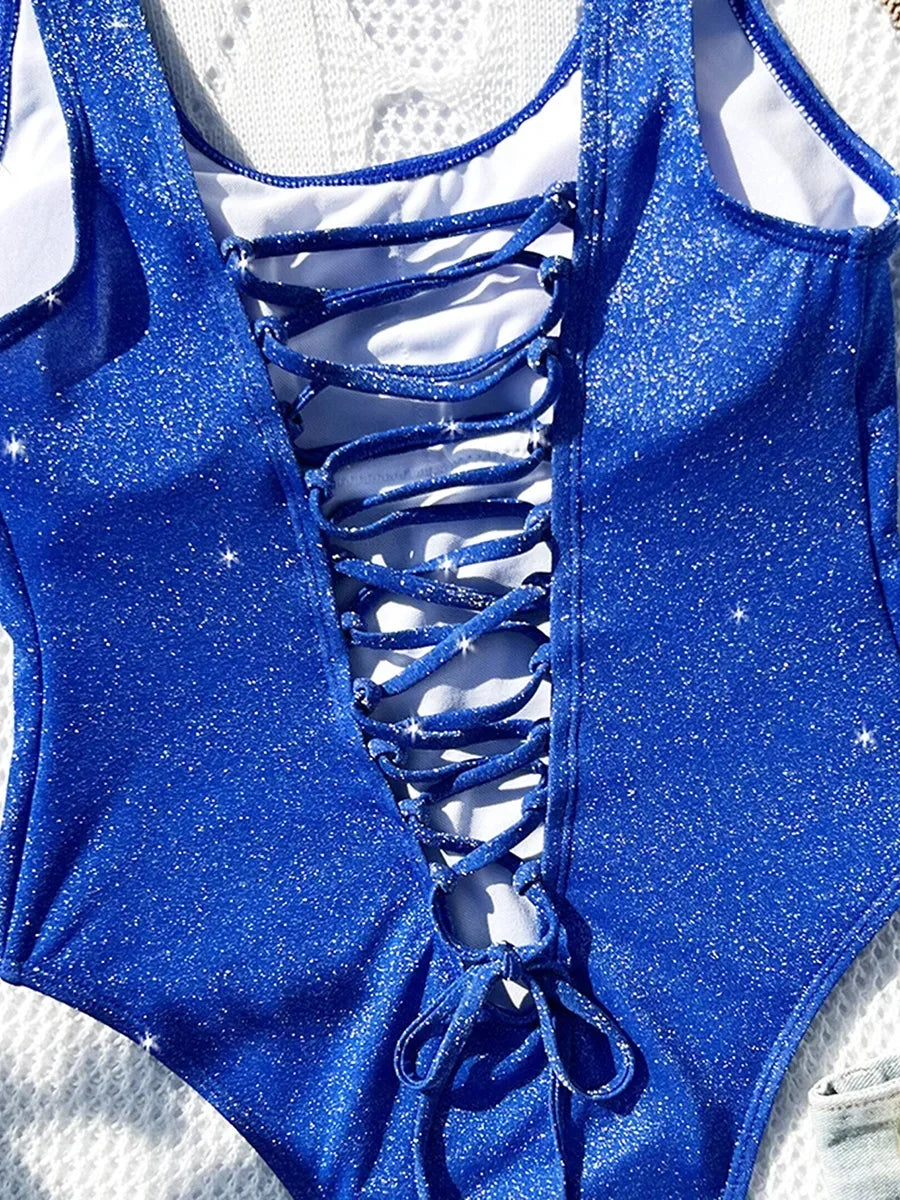 Glitter Backless Lace-Up One Piece