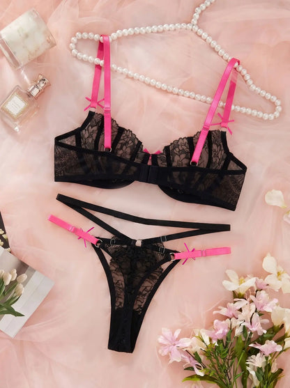 Black Cute Pink Bowknot Lingerie