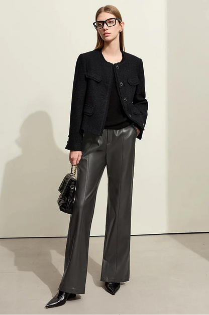 Minimalist Solid Leather Straight Fit Pants