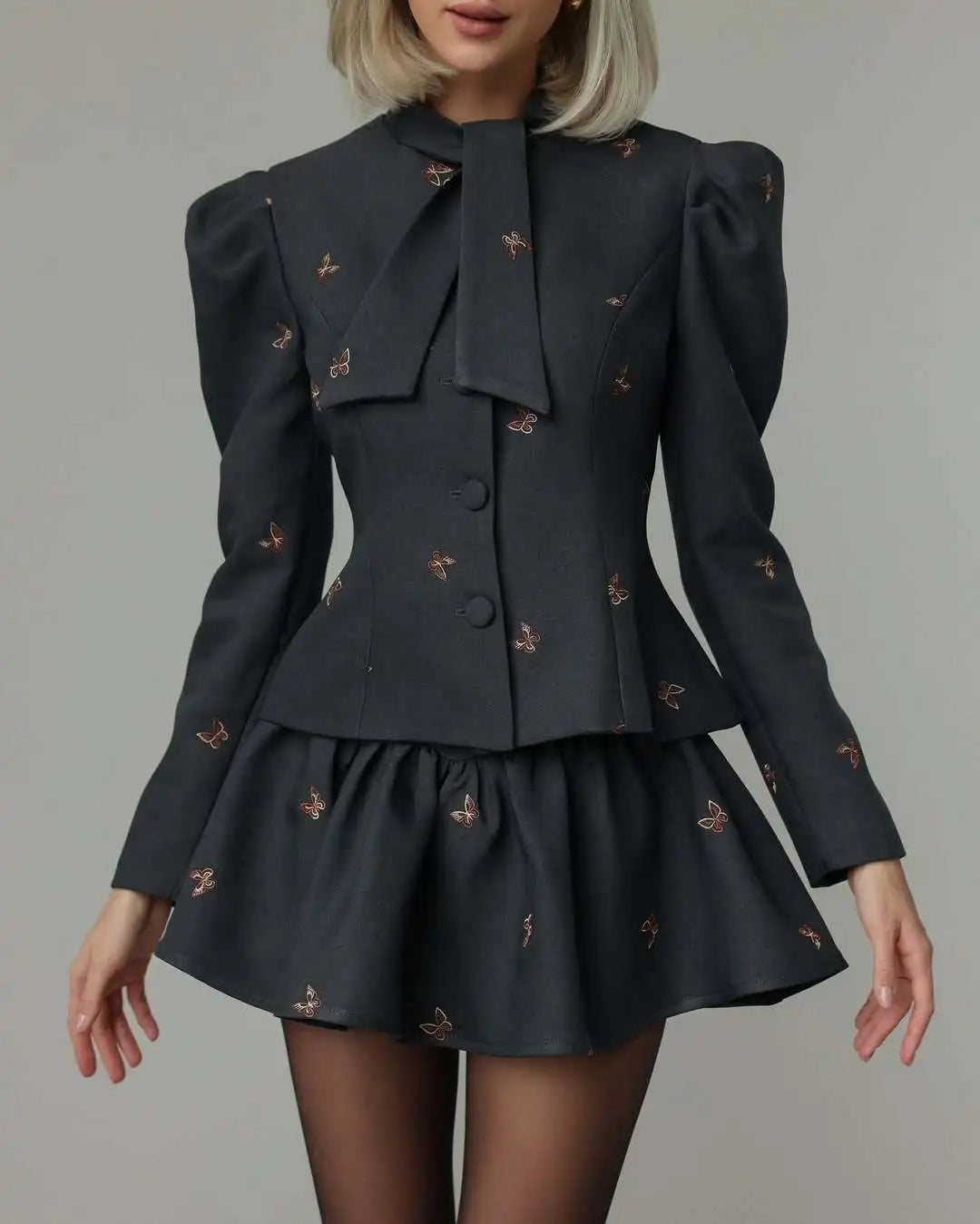 Bow Tie Neck Puff Sleeve Skirt Set