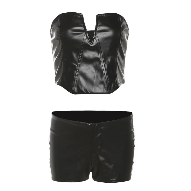 Black Leather Bustier Shorts Set