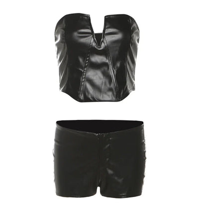 Black Leather Bustier Shorts Set