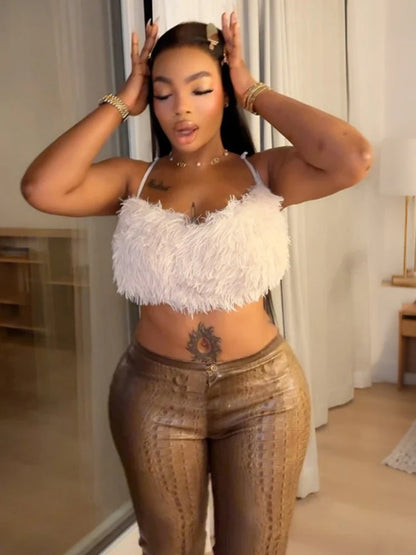 White Faux Furs Backless Crop Top