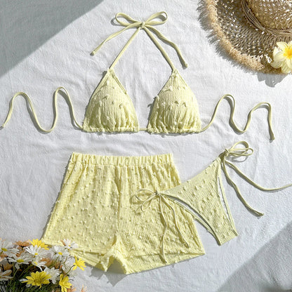 Ruched Halter Bikini Three-Piece Set