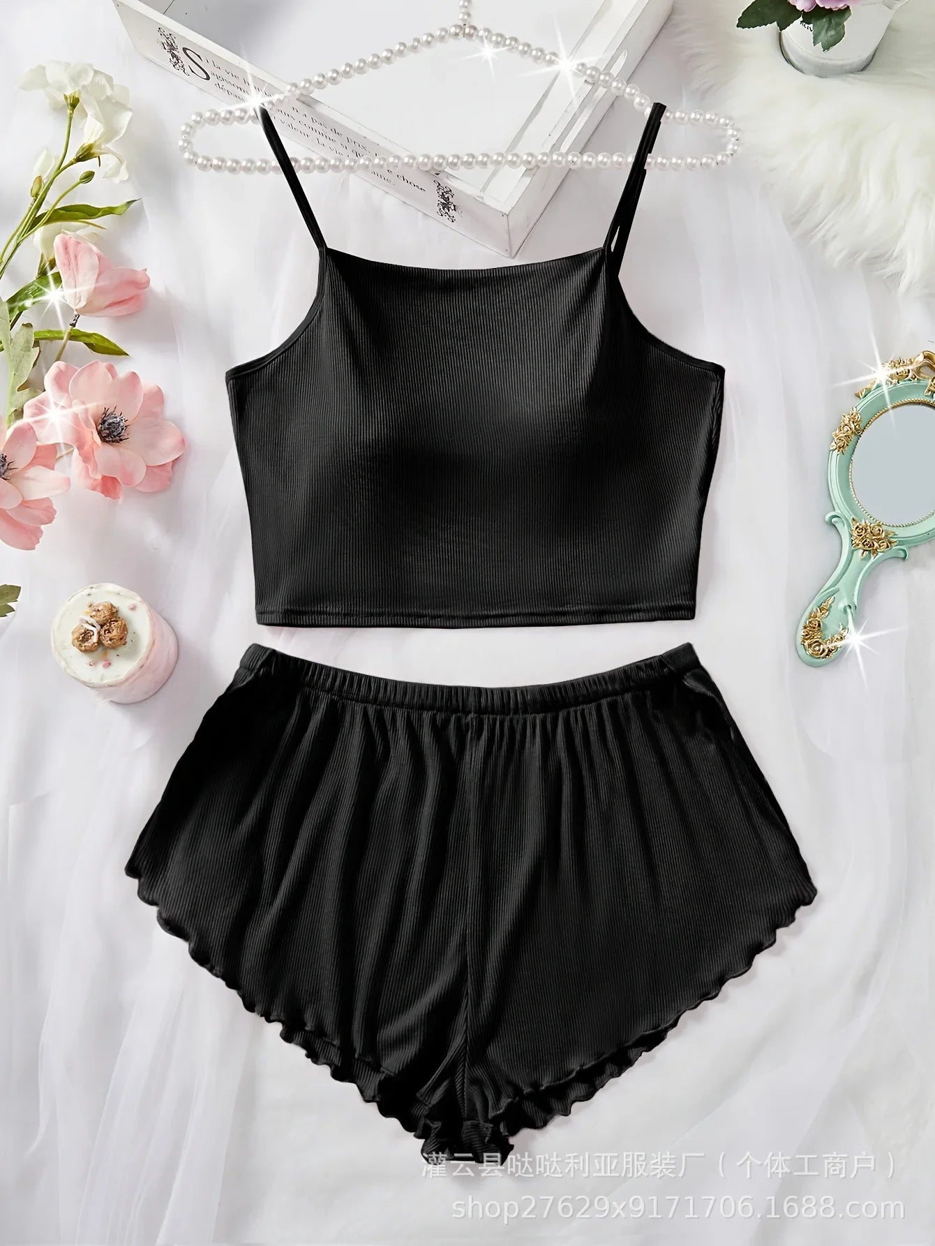 Solid Color Lace Trim Pajamas