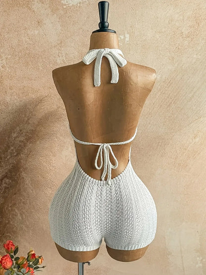 Crochet Halter White Backless Romper