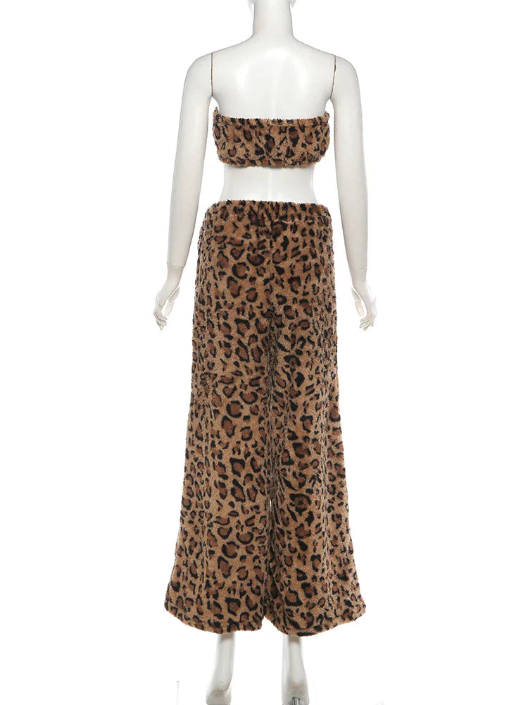 Furry Leopard Print Pants Set