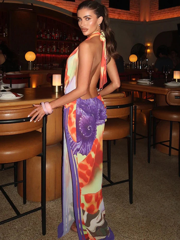 Deep V-Neck Colorful Slitted Maxi Dress