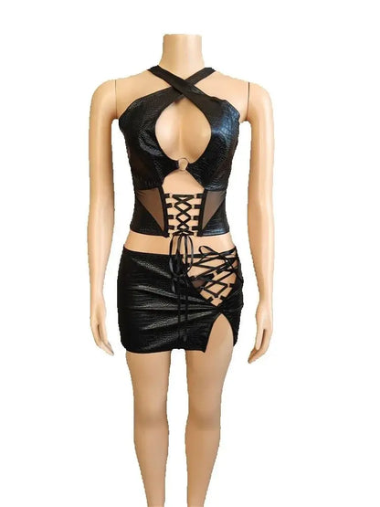 Halter Hollow Backless Irregular Skirt Set