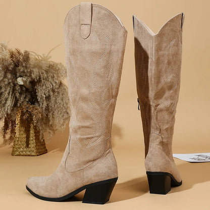 Khaki Flock Zipper Knee High Boots