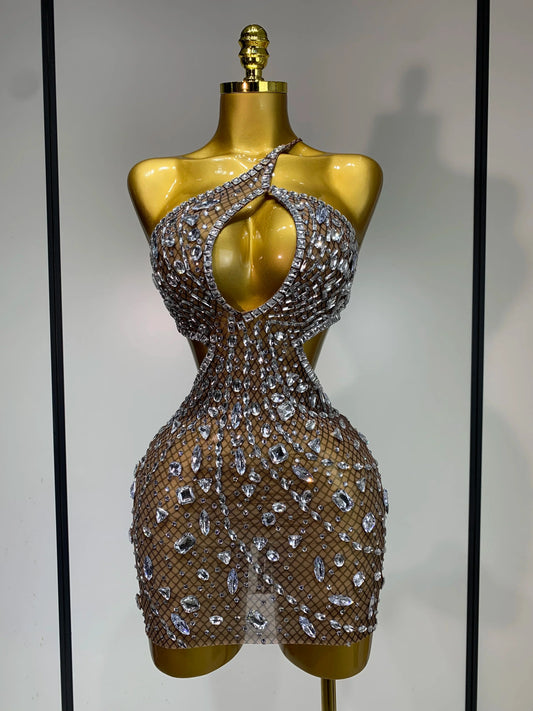 Rhinestone Cut-Out Backless Mini Dress