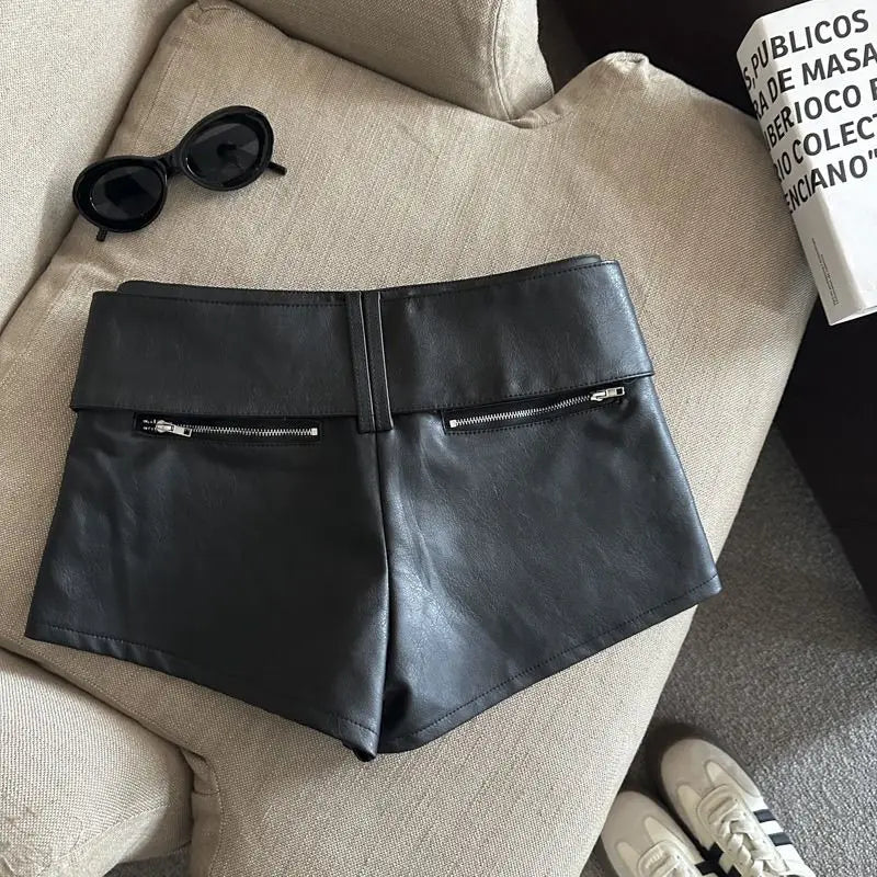 Wide Belt Black Leather Shorts