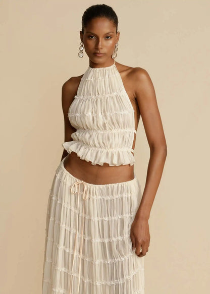 Sheer Lace Up Ruched Skirt Set