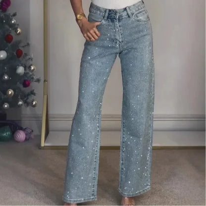 Rhinestone High Waist Straight Jeans