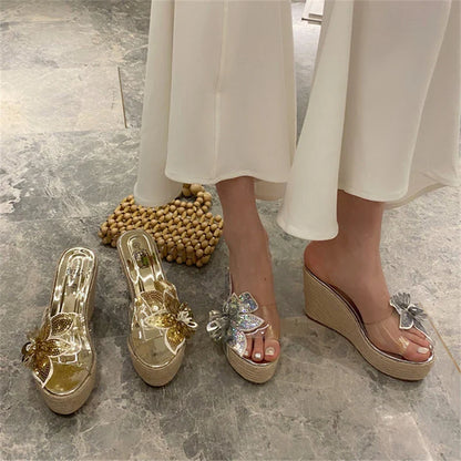 Bling Sequin Flower Transparent Wedges Sandals