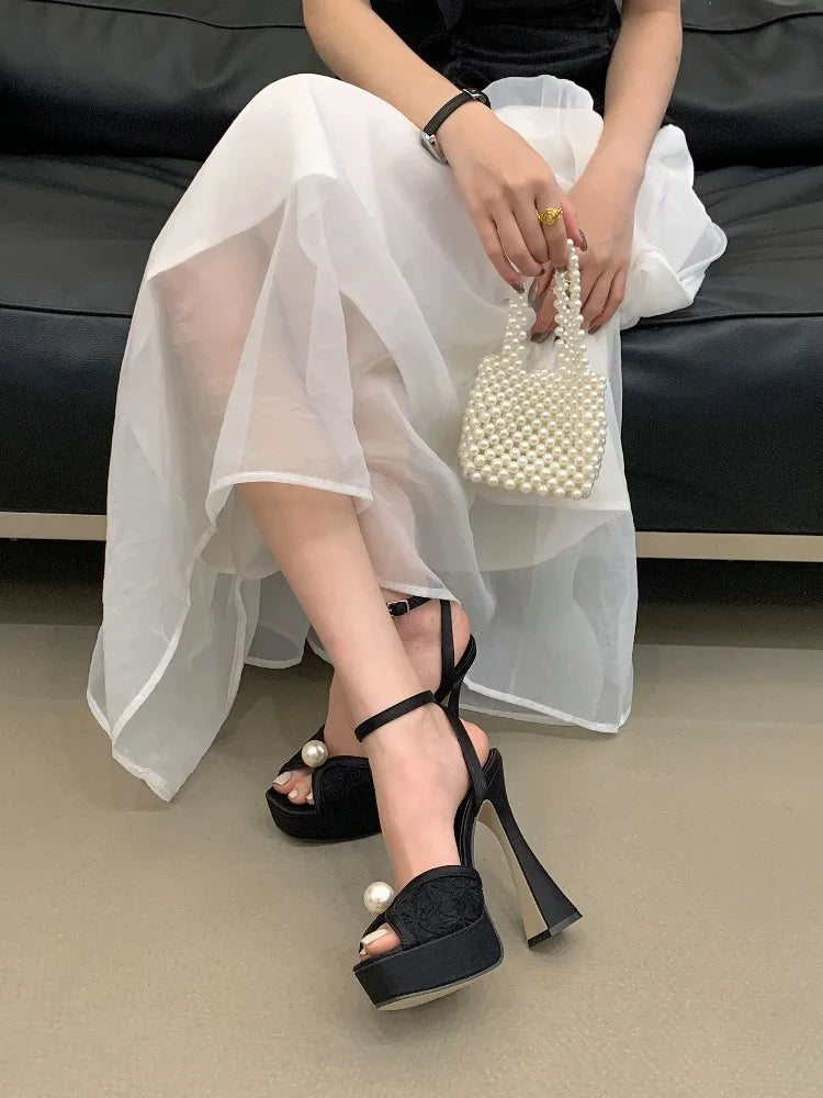 Buckle Strap Pearl Decor Pump Sandals