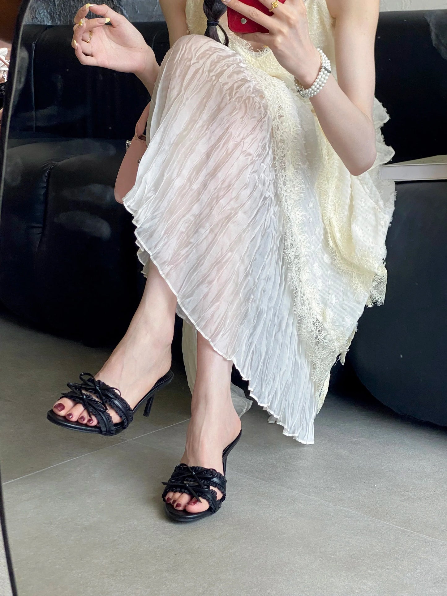 Butterfly-knot Lace Edge Thin Heels Sandals