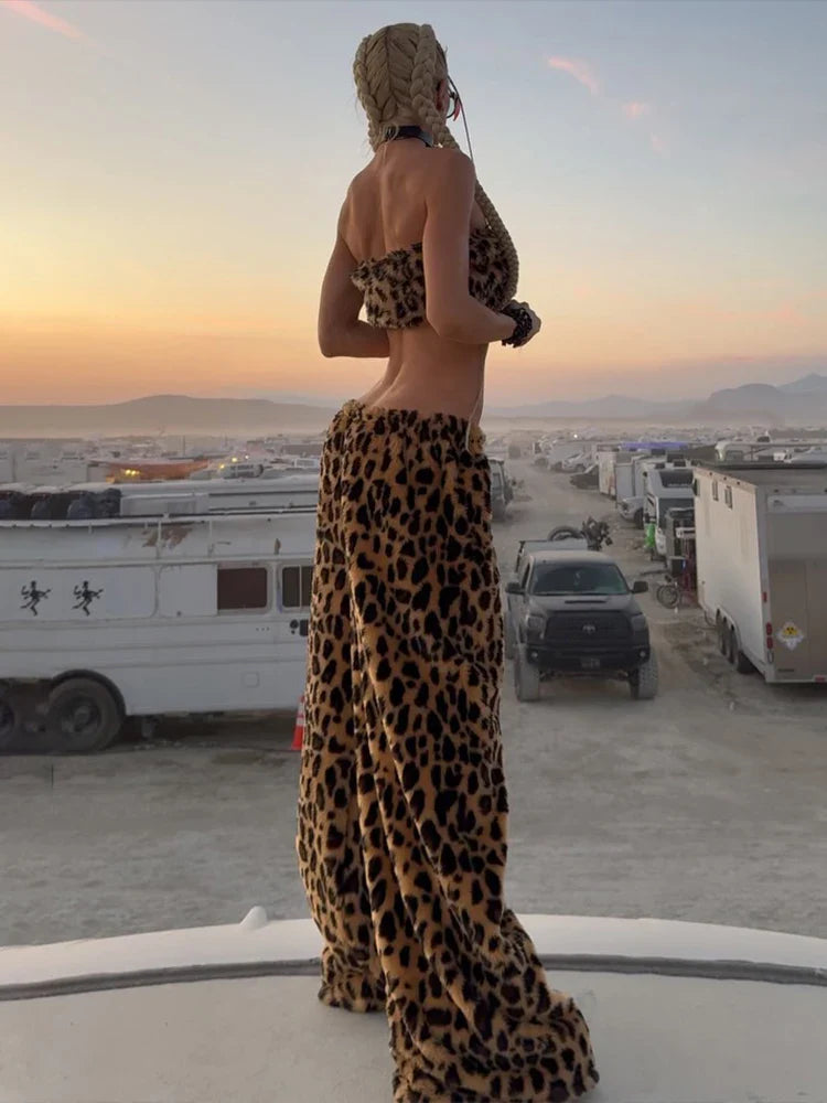 Furry Leopard Print Pants Set
