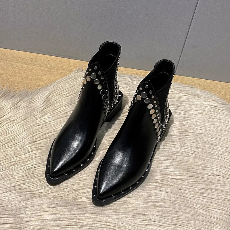 Rivet Pointed Toe Square Heels Boots