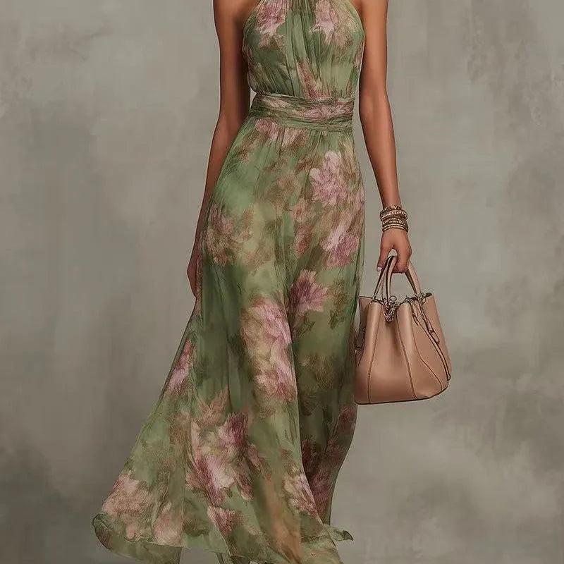 Elegant Halter Green Floral Maxi Dress