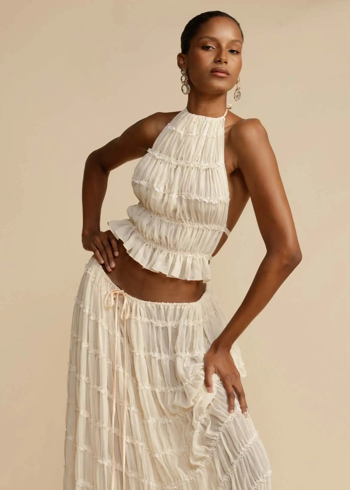Sheer Lace Up Ruched Skirt Set