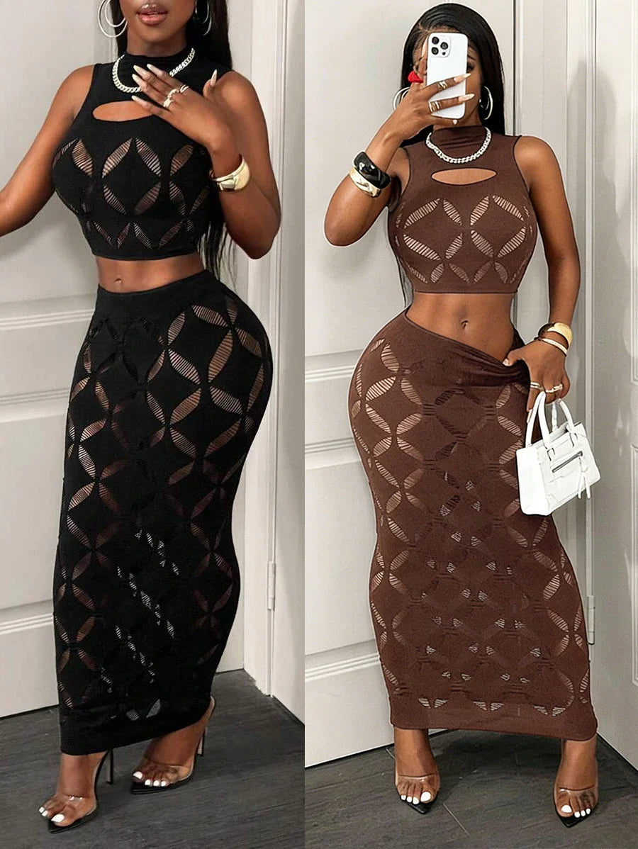 Sheer Mesh Hollow-Out Skirt Set