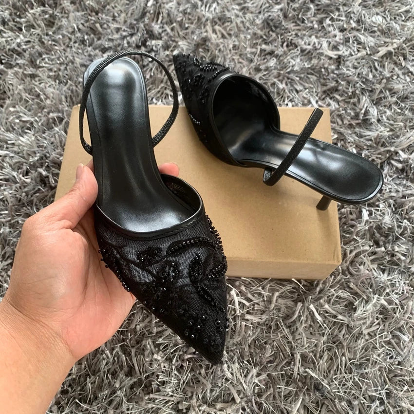 Sequin Embroidered Mesh Slingback Pump Shoes