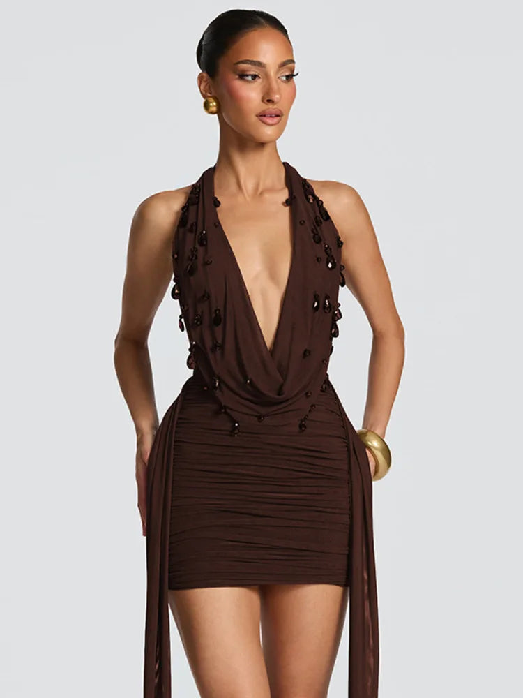 Teardrop Crystals V-Neck Mini Dress