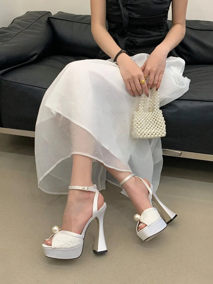 Buckle Strap Pearl Decor Pump Sandals